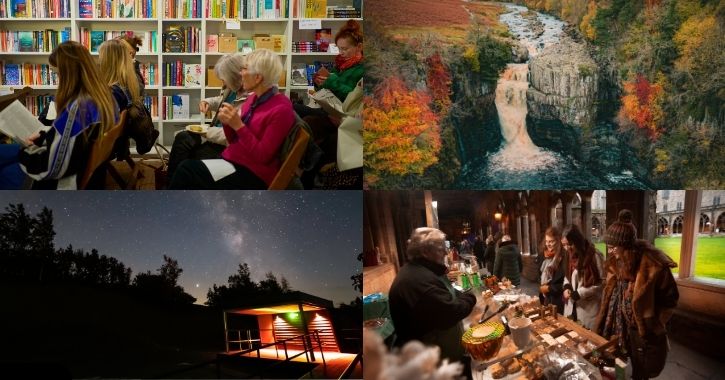 photo collage of people attending event at Durham Book Festival, High Force Waterfall during Autumn, Grassholme Observatory, and Durham Christmas Market 